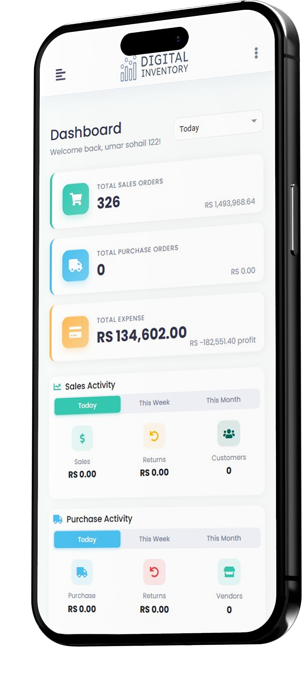 Digital Inventory dashboard on desktop and mobile — total sales orders, purchases, expenses and daily activity