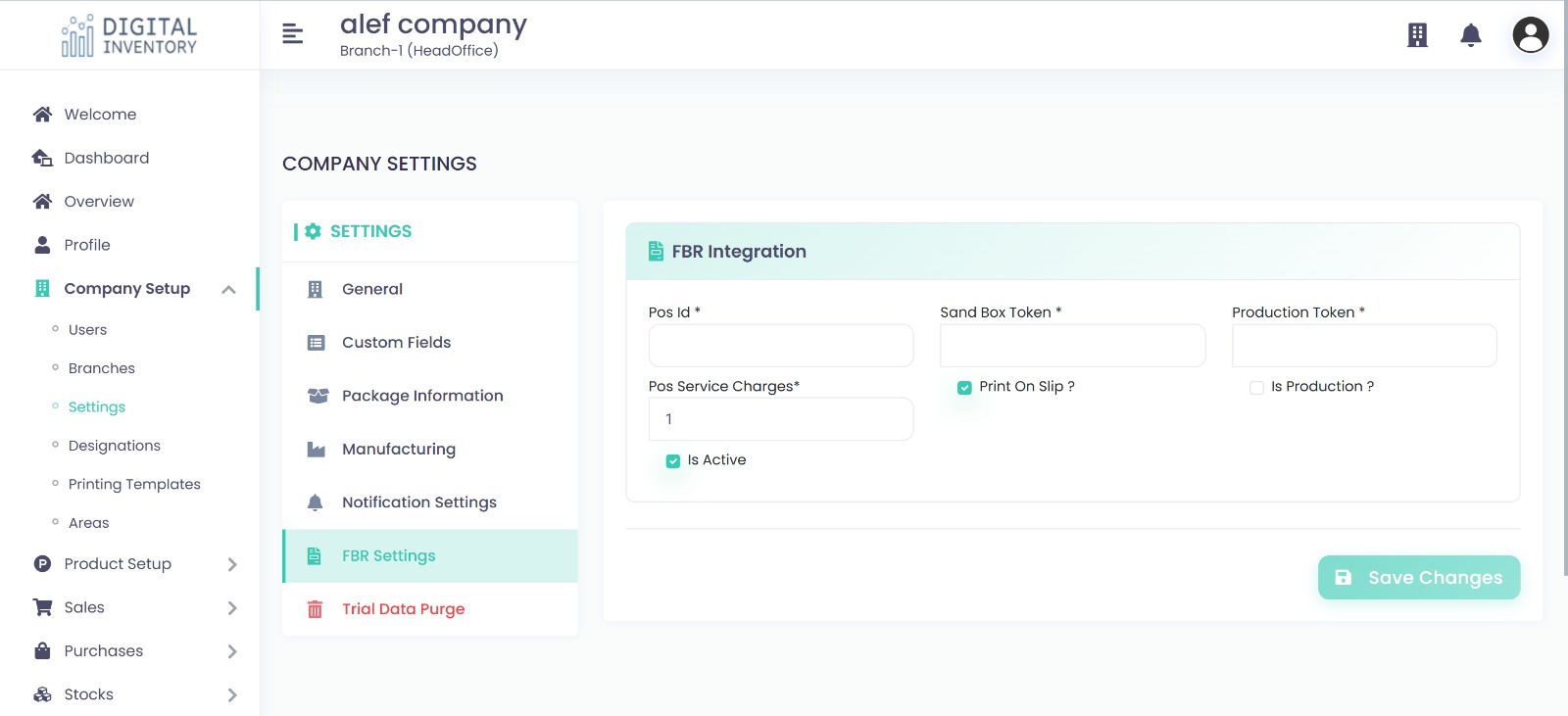 FBR Integration settings screen inside Digital Inventory — POS ID, sandbox and production tokens, print on slip